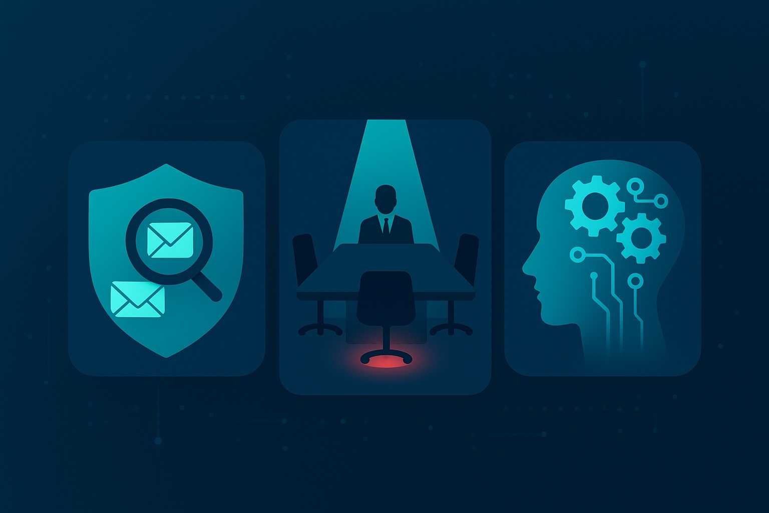 Conceptual illustration showing three icons: a shield with magnifying glass scanning emails, a figure under spotlight at a boardroom table, and a human head silhouette with AI gears, representing insurance compliance monitoring and regulatory oversight
