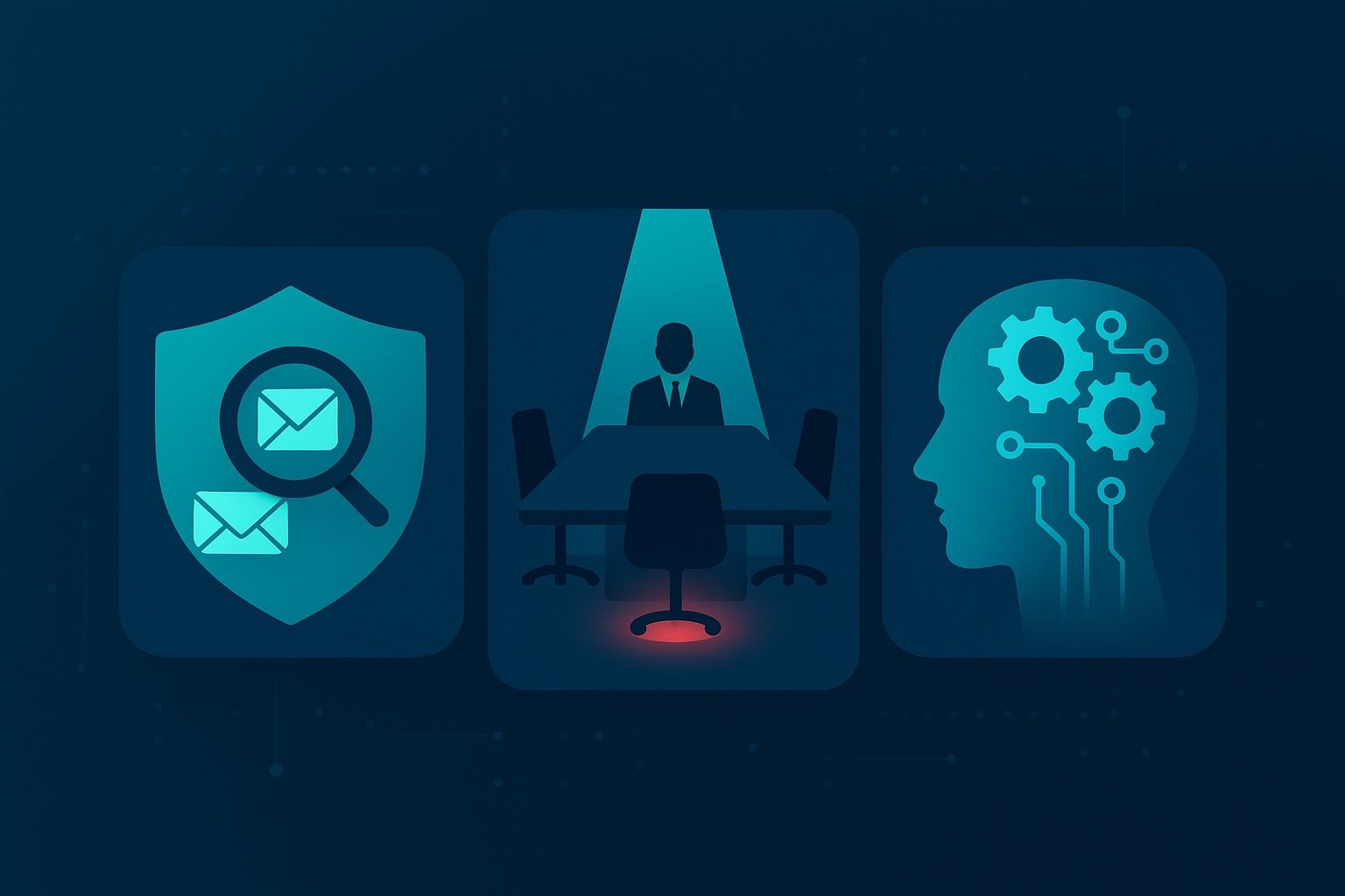 Conceptual illustration showing three icons: a shield with magnifying glass scanning emails, a figure under spotlight at a boardroom table, and a human head silhouette with AI gears, representing insurance compliance monitoring and regulatory oversight