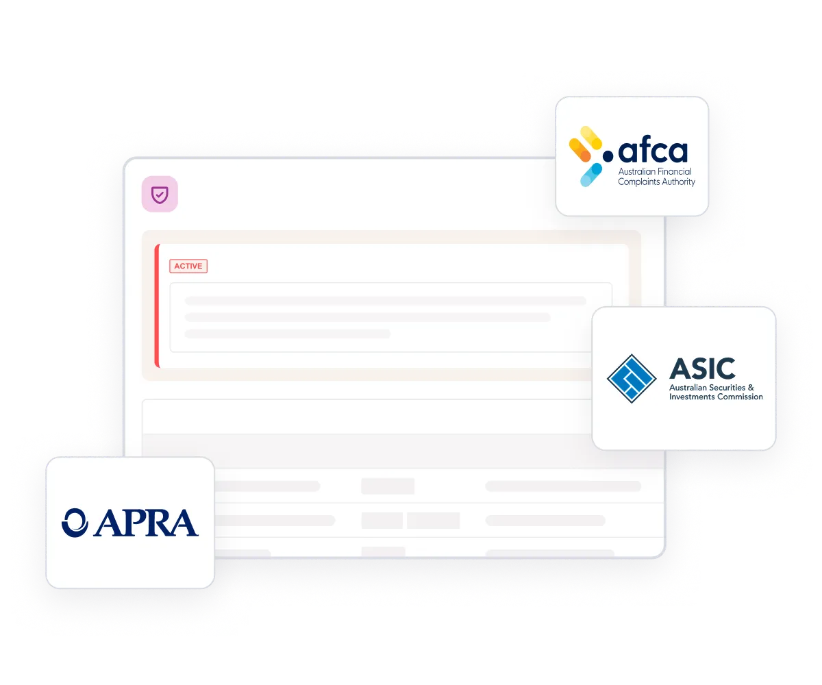 Curium compliance interface surrounded by Australian regulatory body logos including AFCA, ASIC, and APRA